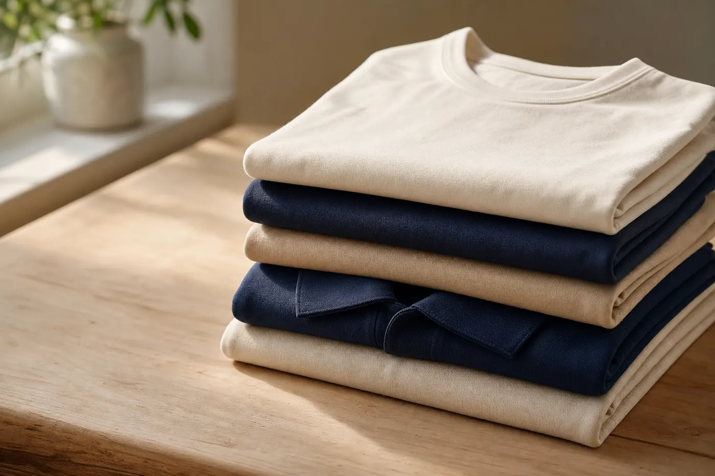 Stack of folded premium cotton t-shirts and polo shirts