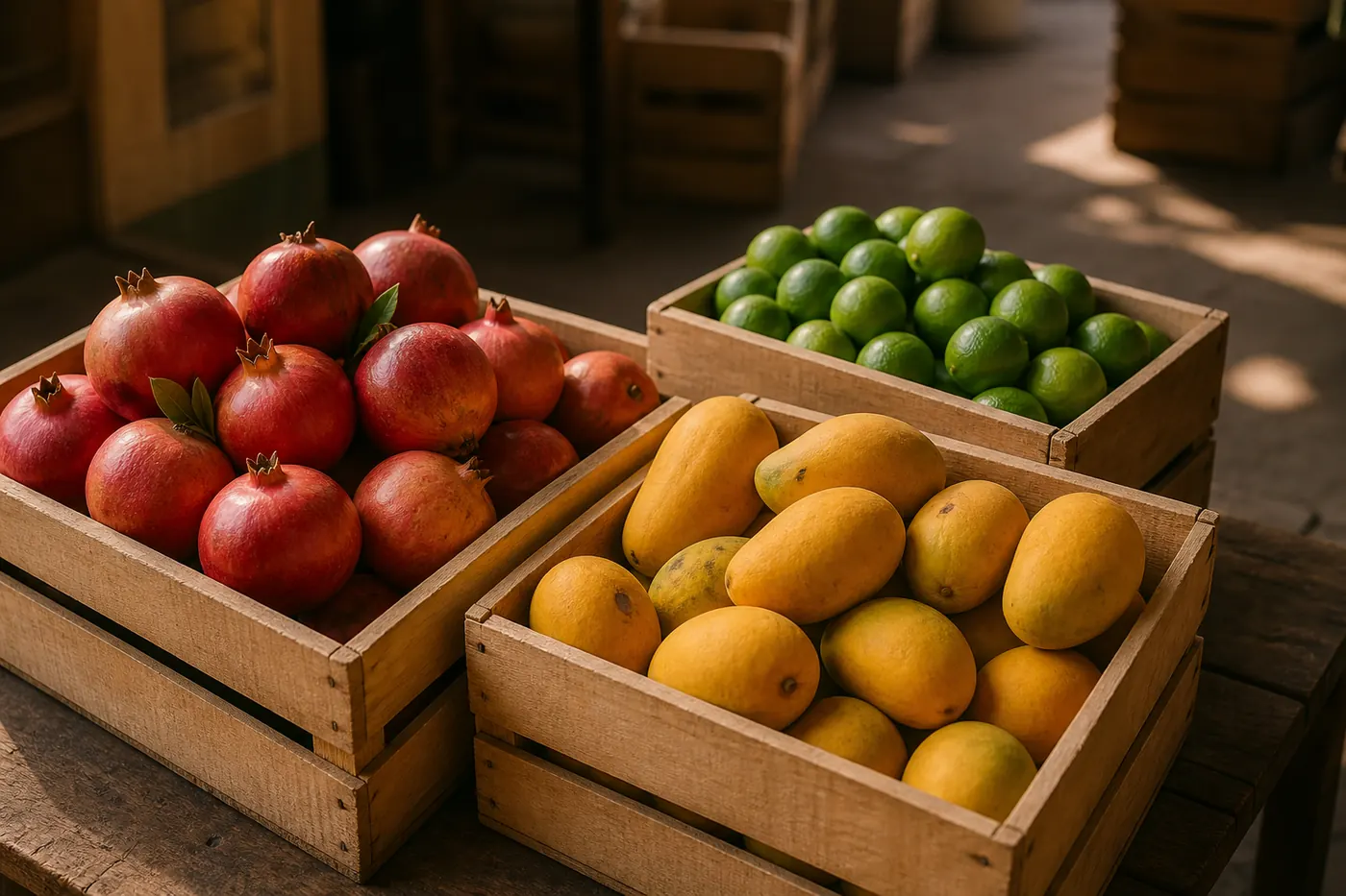 Freshly harvested pomegranates, mangoes and limes in wooden crates