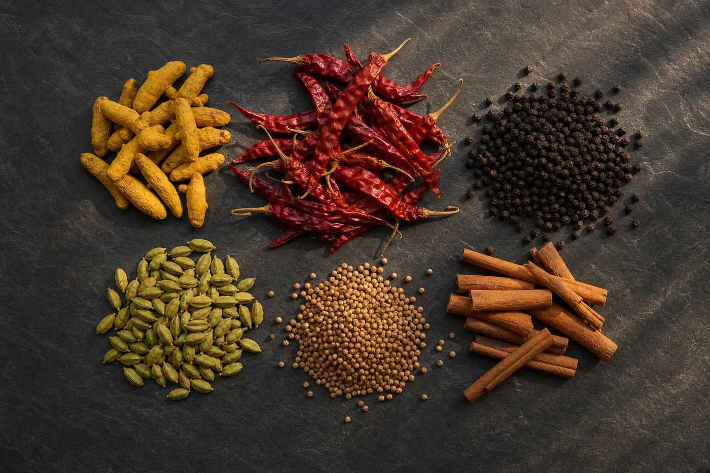 Flat lay of Indian whole spices: turmeric, dried red chilli, peppercorns and cardamom