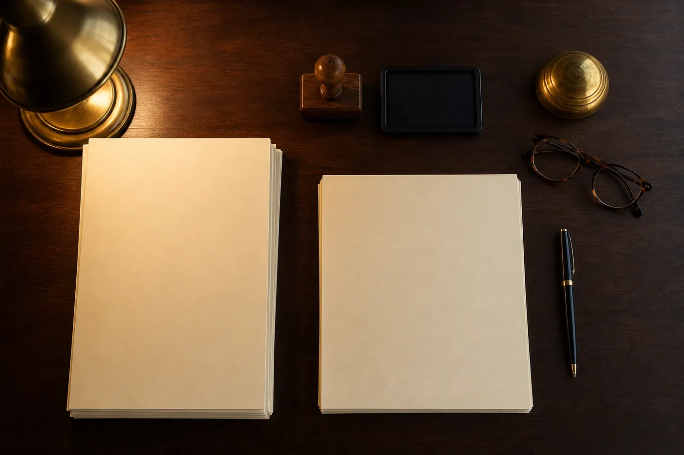 Export documentation desk with stacks of blank paperwork, a rubber stamp and a brass paperweight under warm lamp light