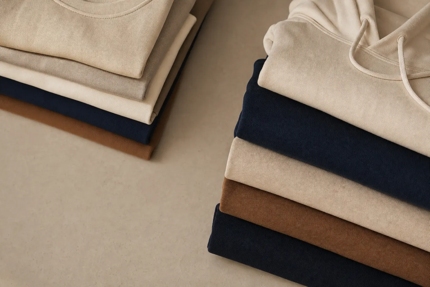 Close overhead of neatly folded knitted cotton t-shirts and hoodies in a colour-graded stack