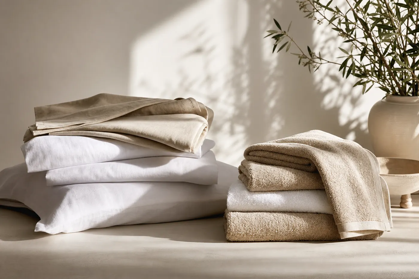 Styled still life of premium white and sand bed linen with folded bath towels