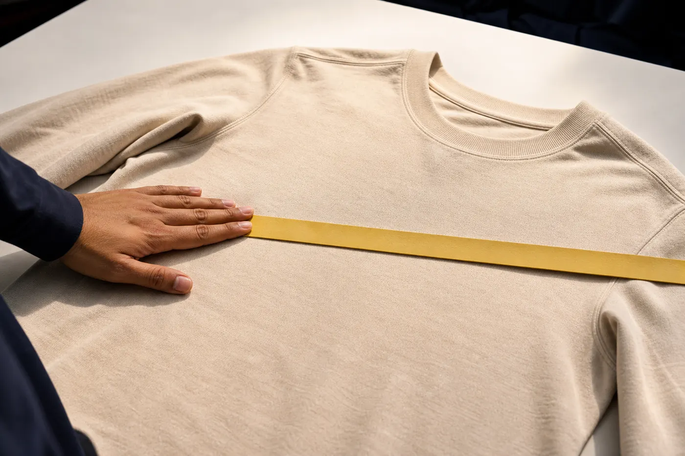 A garment laid flat on an inspection table with a measuring tape across the chest
