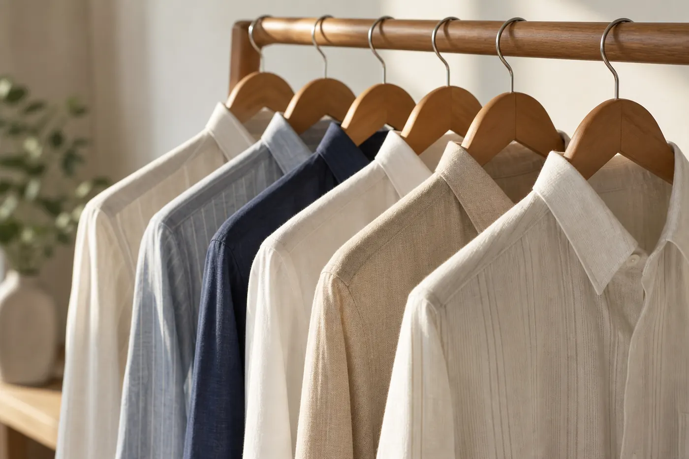 Row of crisp woven cotton shirts on wooden hangers on a rail