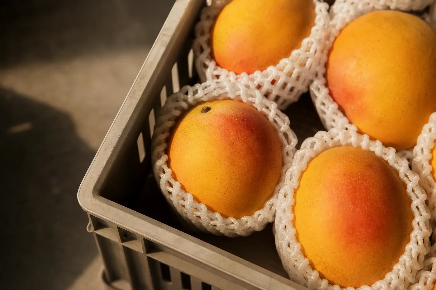 Ripe Alphonso mangoes with blushed golden skins nested in foam sleeves inside a crate