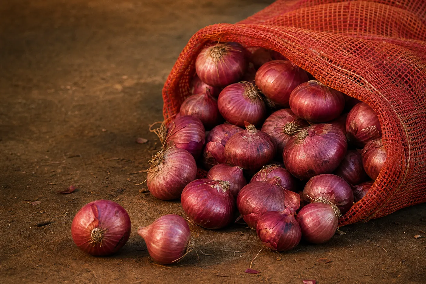 Freshly graded red onions spilling from an open mesh sack in warm light