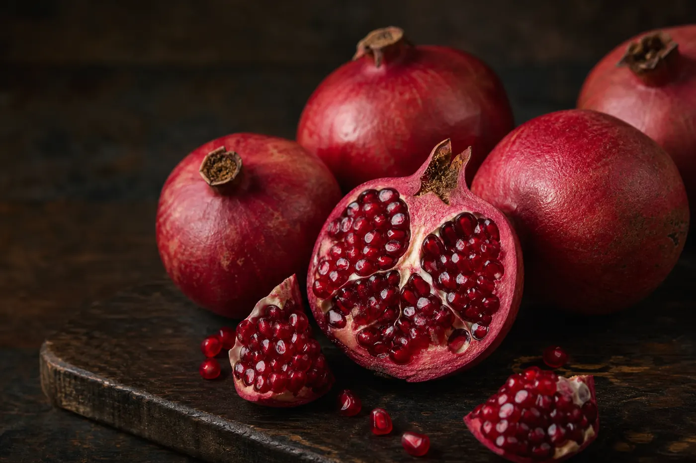 Deep-red Bhagwa pomegranates with one split open showing glistening ruby arils