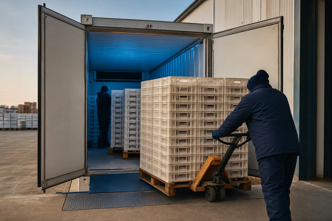 A refrigerated shipping container with doors open at a loading dock as pallets of produce crates are loaded