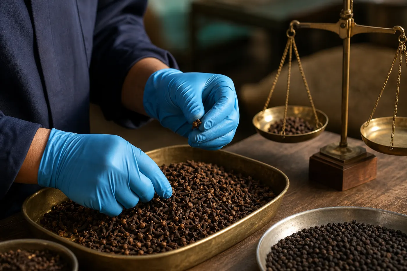 Gloved hands inspecting dried spice from a sample tray beside a brass weighing scale