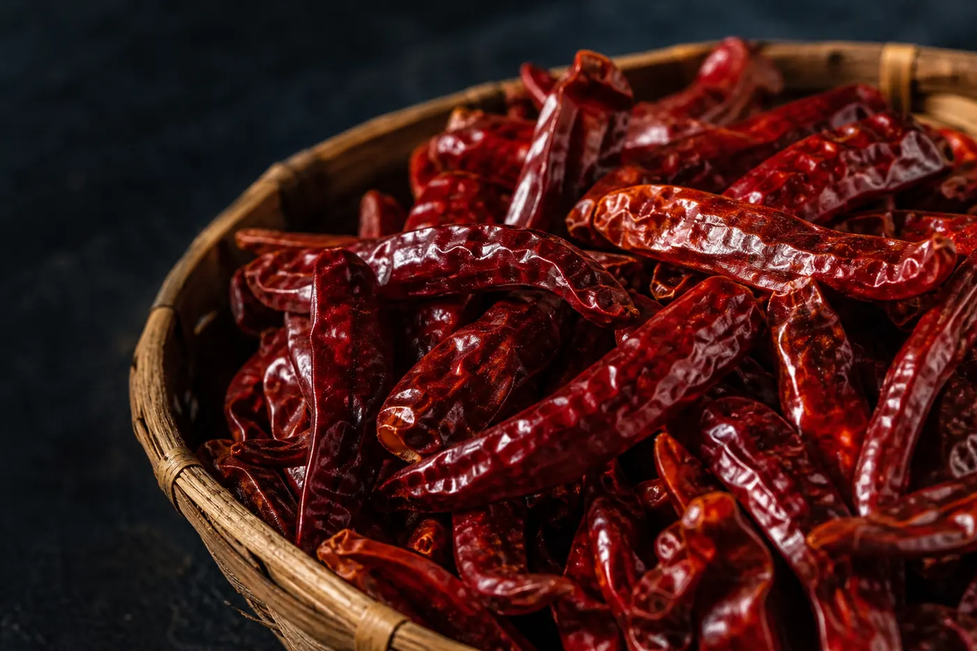 Whole dried red chillies with glossy crimson skins piled in a shallow woven basket