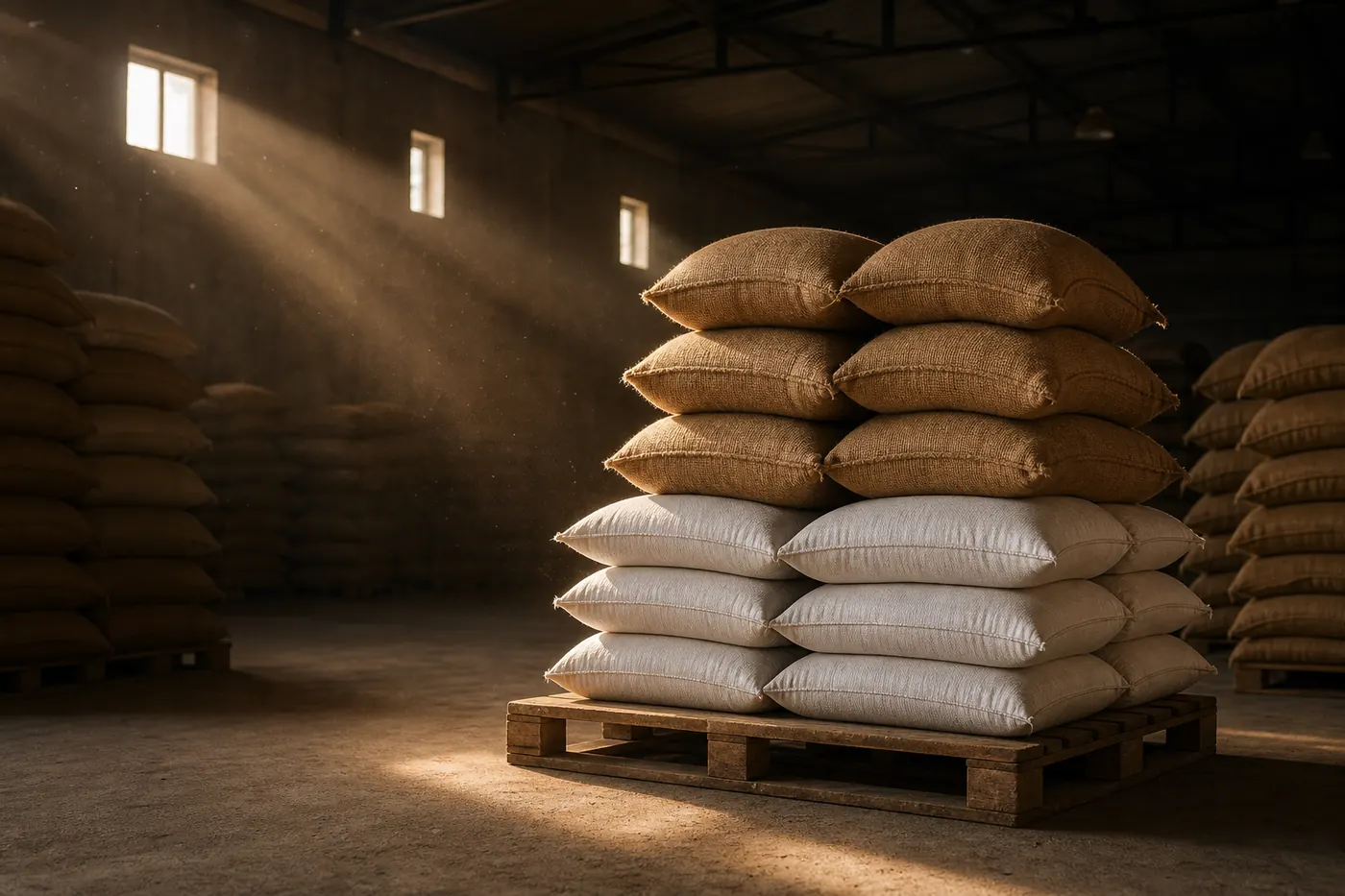 Stacked jute and woven polypropylene sacks of spice on a wooden pallet in a sunlit warehouse