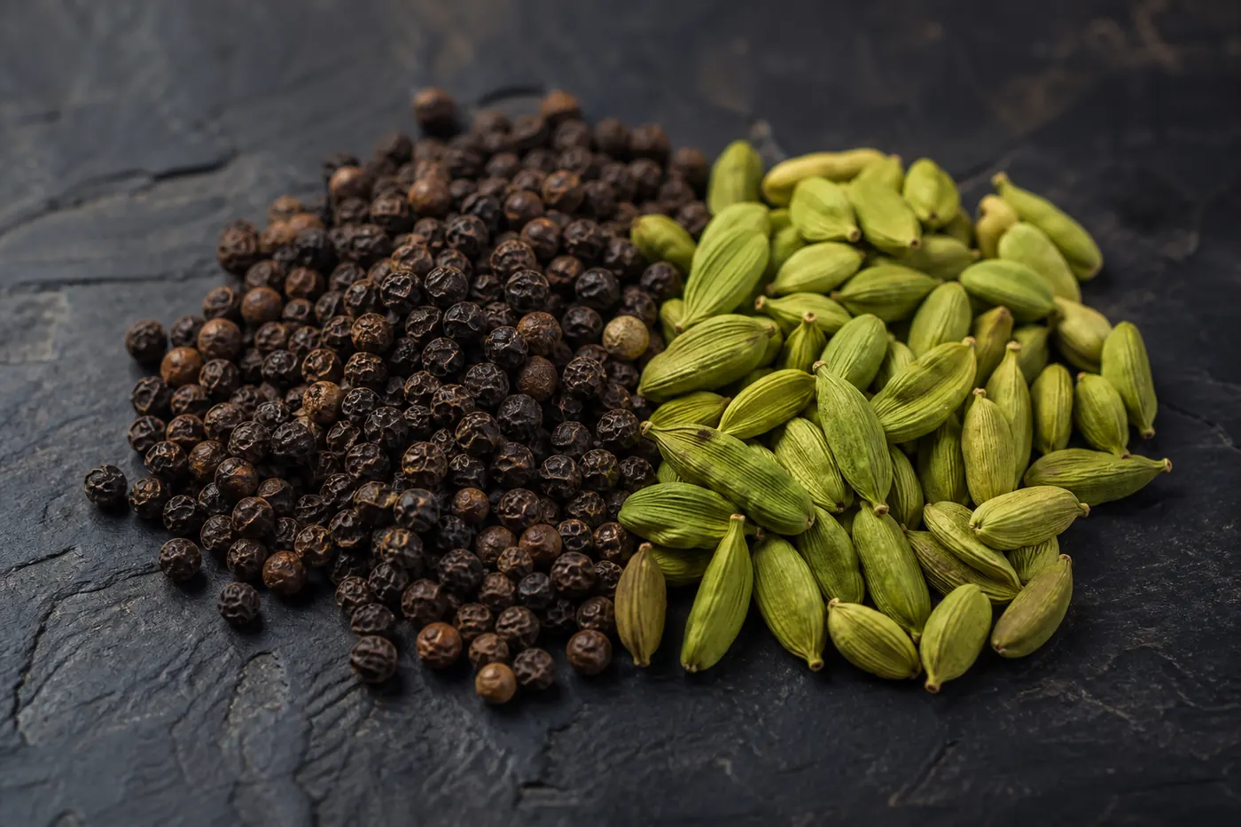 Black peppercorns and green cardamom pods in two adjacent heaps on dark slate