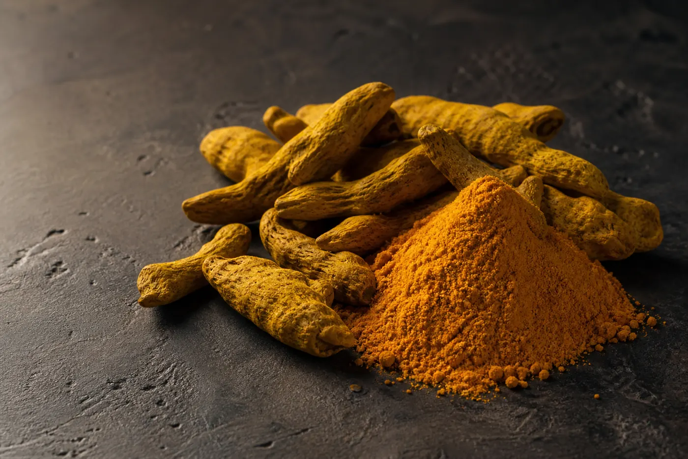 Dried turmeric fingers beside a mound of vivid golden turmeric powder on dark stone