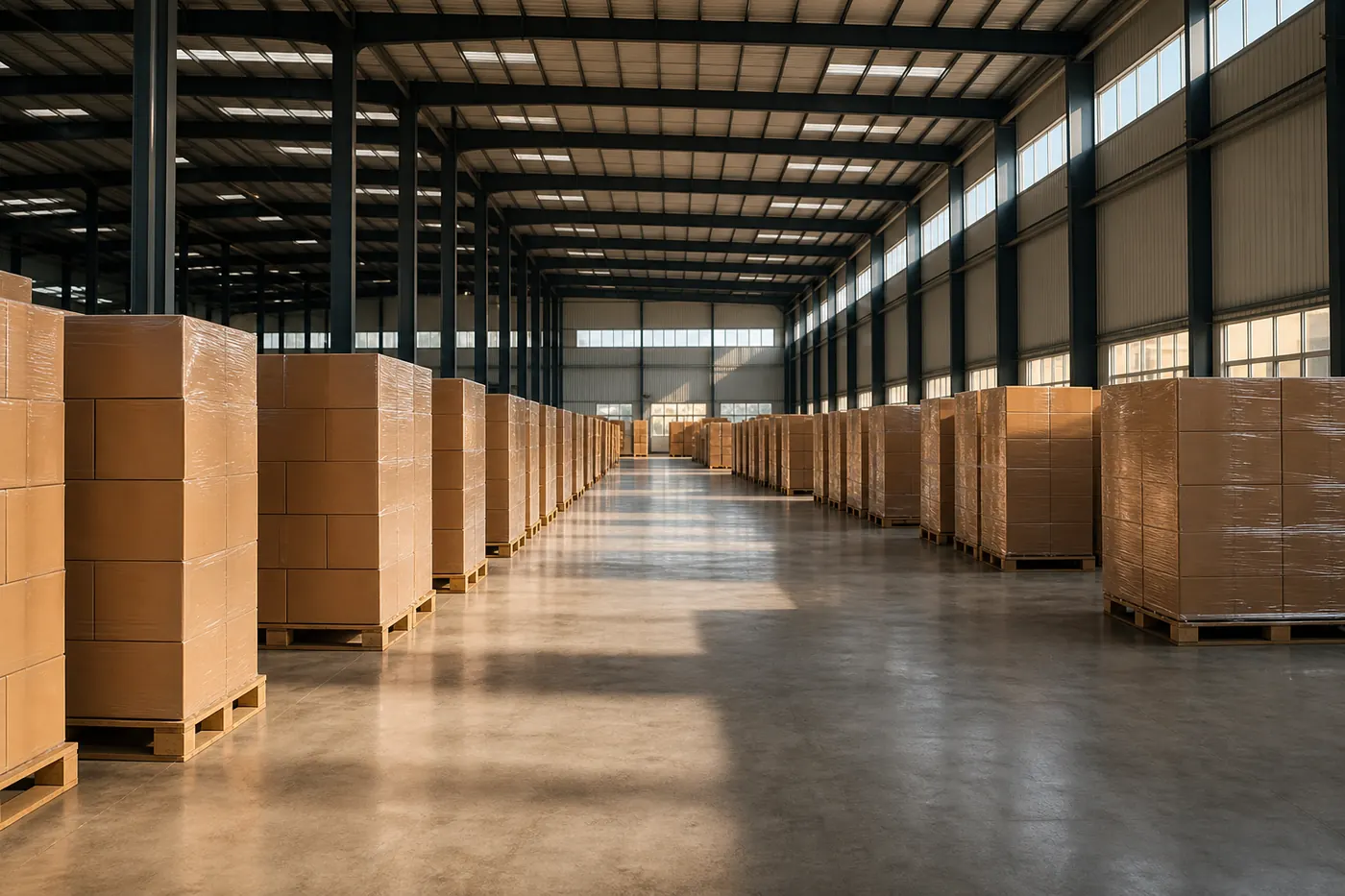 Rows of shrink-wrapped cartons on pallets in a high-bay export warehouse